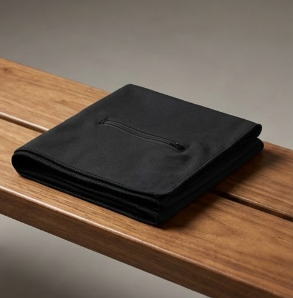 Folded black blanket on a wooden surface with a neutral background